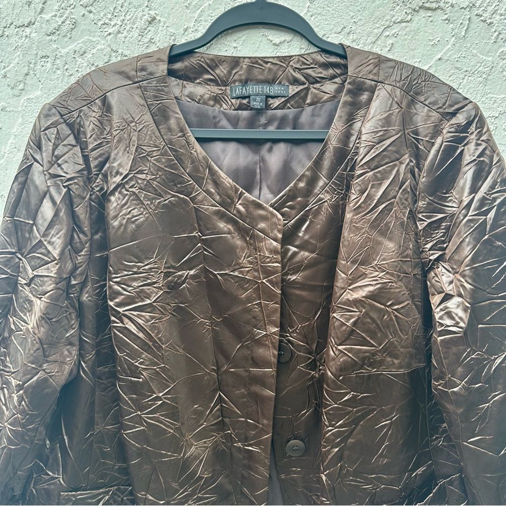 LAFAYETTE 148 Jacket Women Size 20 Crushed Crinkle Collarless Pockets Brown - Picture 2 of 9